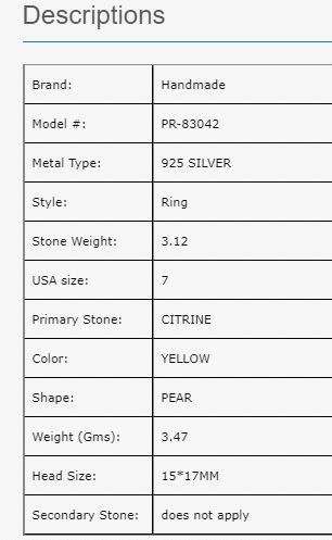 3.12CTS NATURAL YELLOW CITRINE 925 SILVER SOLITAIRE RING  SIZE 7