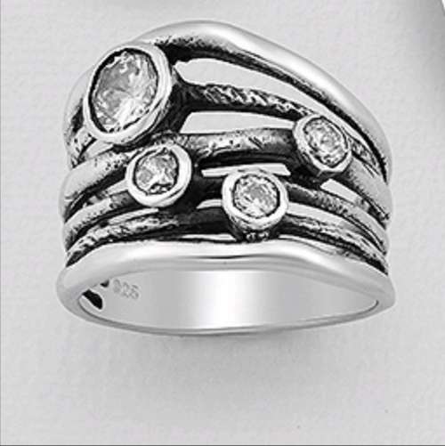Solid 925 Sterling Silver Oxidized Ring Decorated with CZ Simulated Diamonds Size 6