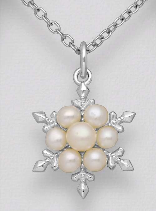 Solid 925 Sterling Silver Freshwater Pearls Snowflake Pendant