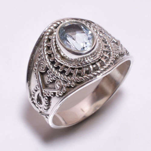 Blue Topaz Solid 925 Sterling Silver Handmade Ring Size US 7.75