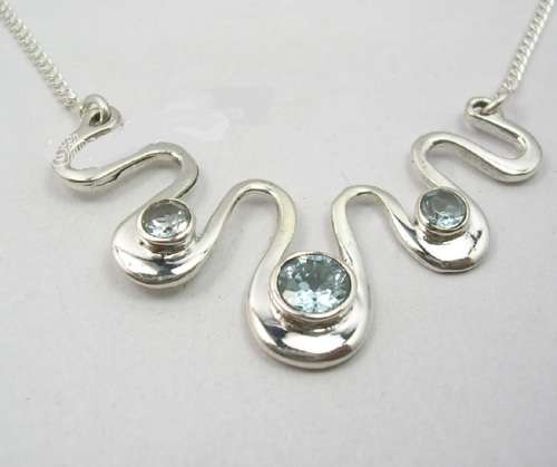 Solid 925 STERLING SILVER  BLUE TOPAZ HANDCRAFTED Curb Chain Necklace 17 1/8`