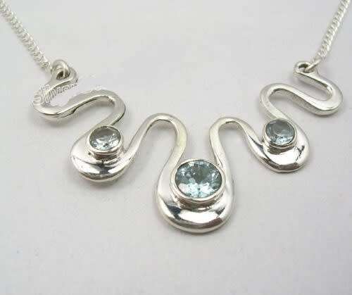 Solid 925 STERLING SILVER  BLUE TOPAZ HANDCRAFTED Curb Chain Necklace 17 1/8`