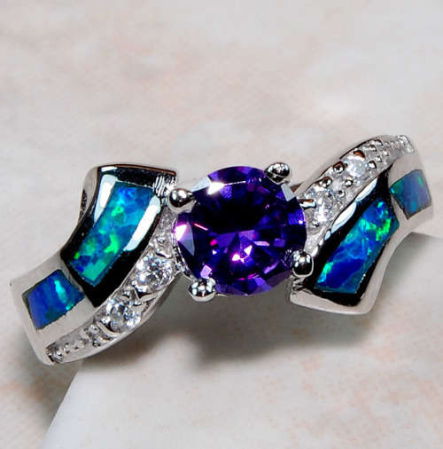 Amethyst & Australian Opal Inlay 925 Solid Sterling Silver Ring  Sz 7