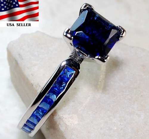 3CT Blue Sapphire 925 Solid Genuine Sterling Silver Ring  Sz 6