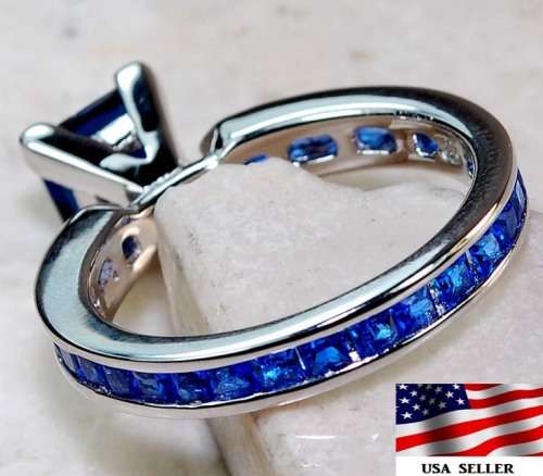 3CT Blue Sapphire 925 Solid Genuine Sterling Silver Ring  Sz 6