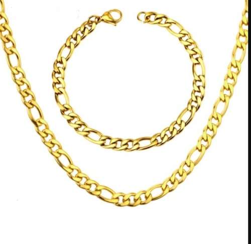 6mm Stainless Steel Gold Filled Figaro Link Chain Necklace & Bracelet set