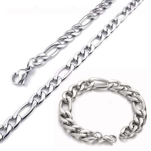 10mm Heavy STAINLESS STEEL  Figaro Chain Necklace  & Bracelet SET  (Free Gift Box)