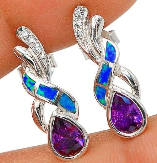 Amethyst & Australian Opal Inlay 925 Solid Sterling Silver Earrings