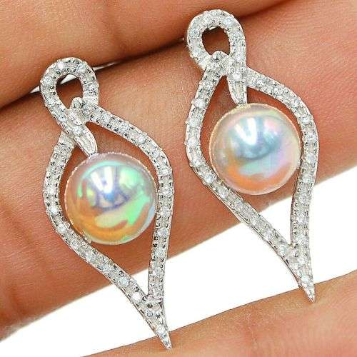 4CT Fresh Water Pearl & Topaz 925 Solid Sterling Silver Earrings