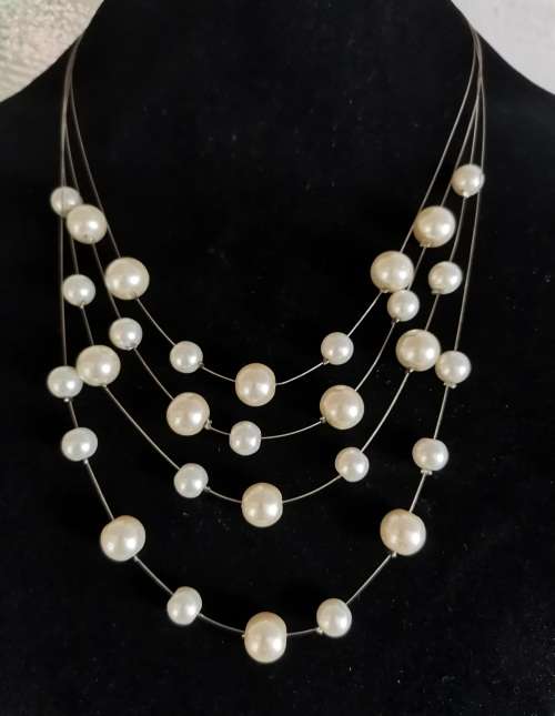 Beautiful Cream Multi-Strand  Floating Glass Pearl  Necklace