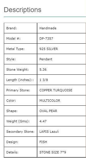Southwestern Multi Colour Copper Turquoise Lapis 925 Silver Fish Pendant