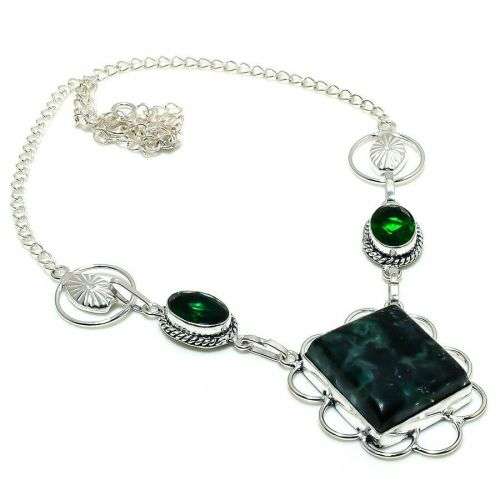 Kambaba Jasper, Peridot Gemstone 925  Silver  Necklace 18` (46cm)