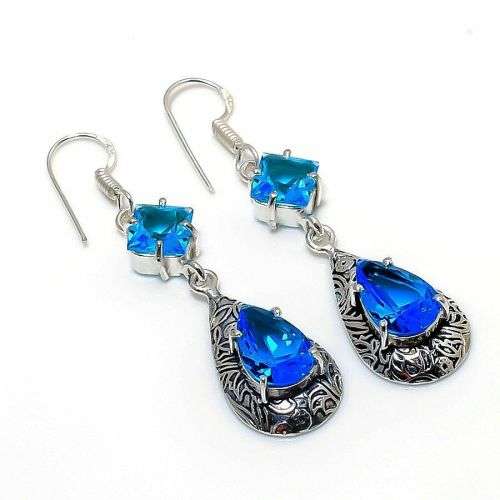 Swiss Blue Topaz Gemstone 925 Sterling Silver  Earring 2.17 `