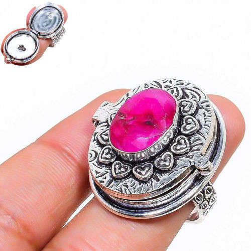 Kashmir Red Ruby Gemstone 925 Sterling Silver  Poison Ring Size 6.5