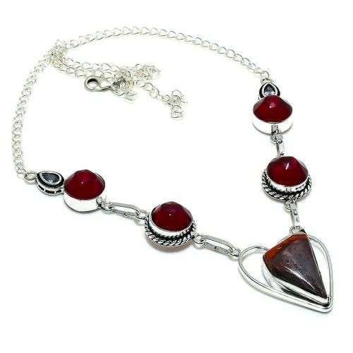 Coconut Jasper, Red Garnet 925 Silver  Coated Necklace 18` (46cm)