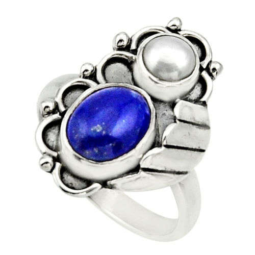 Silver 4.02cts Natural Blue Lapis Lazuli Pearl Ring Size 6.5