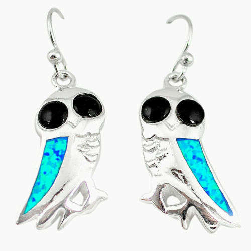 Blue Australian Opal (lab) Onyx Enamel Silver Owl Earrings
