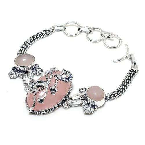 Rose Quartz Gemstone Handmade 925 Sterling Silver Bracelet 7-8`