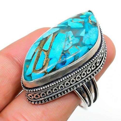 Copper Blue Turquoise Vintage 925 Silver  Plated Ring Size 7.5