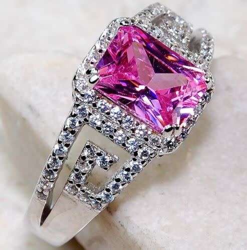 3CT Natural Pink Sapphire and Topaz 925 Solid Sterling Silver Ring Jewelry Sz 7