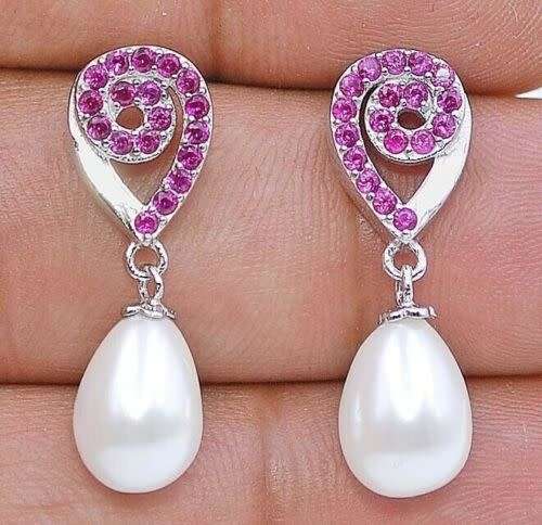 Natural Fresh Water Pearl and Ruby 925 Solid Sterling Silver Earrings