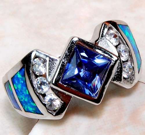 2CT Natural Blue Sapphire & Australian Opal Inlay 925 Sterling Silver Ring Sz 6