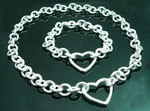 LOVELY 925 STERLING SILVER CHUNKY OPEN HEART  NECKLACE & BRACELET SET