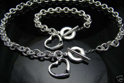 Adorable Hollow Heart Toggle 925 Sterling Silver Necklace & Bracelet Set