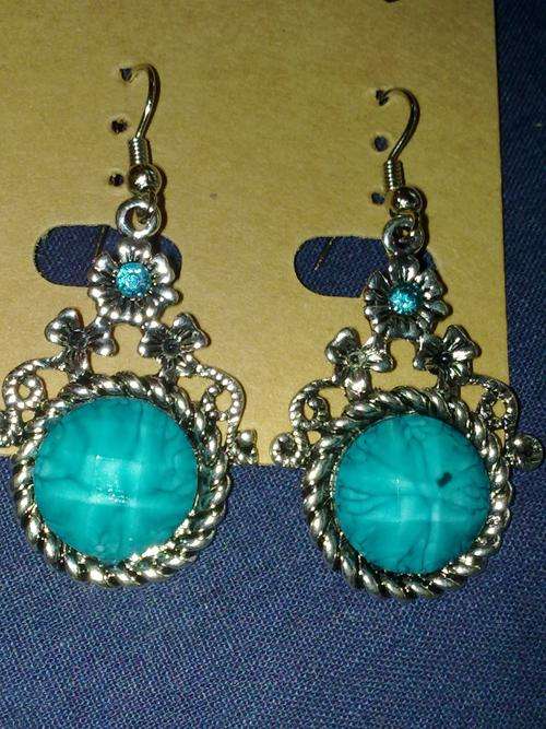 ***LAST PAIR***Lovely  Tibet Silver Round Synthetic Turquoise Stone Dangle Earrings