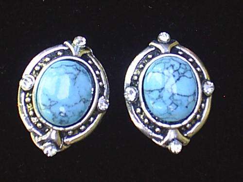 Gorgeous  Tibet Silver Oval  Turquoise Stone  & CZ Earrings