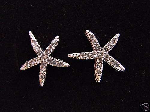 Cute Silver Crystal Seastar  Post Stud Earrings