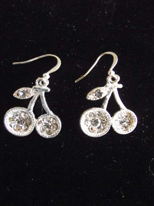 Cute  Silver & CZ Cherries  Dangle Earrings