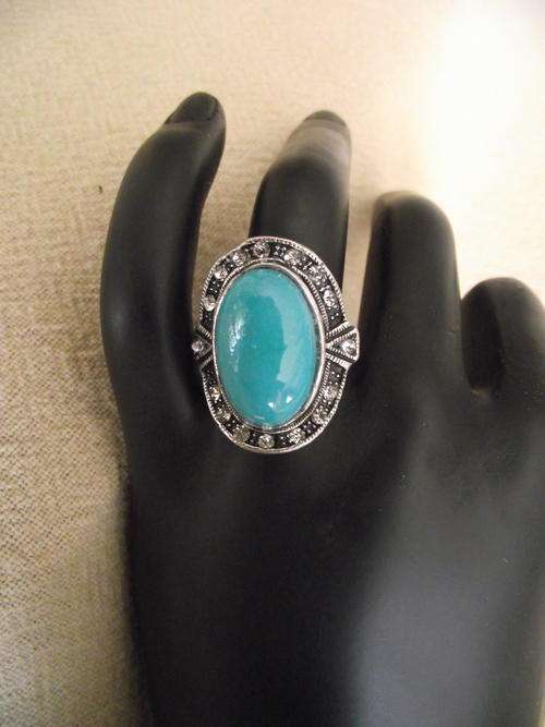 LOVELY TIBETAN SILVER TURQUOISE & CRYSTAL ADJUSTABLE RING