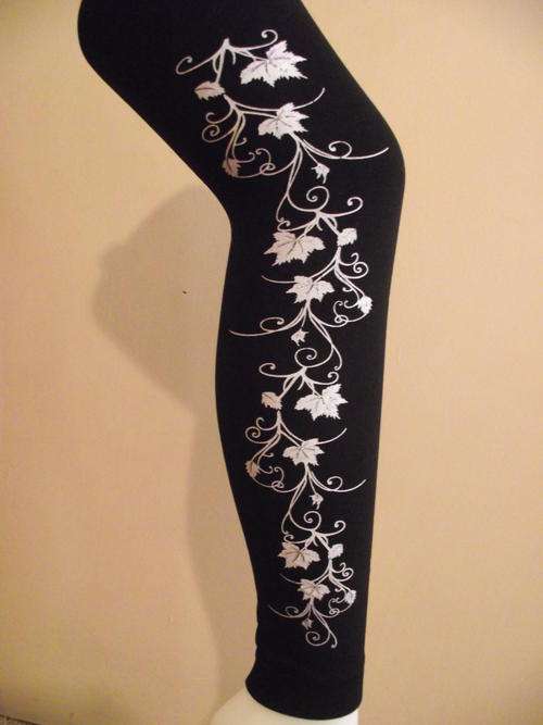WARM BLACK  FOOTLESS FLEECE LINED TIGHTS LEGGINGS WITH WHITE GLITTER LEAFS PATTERN