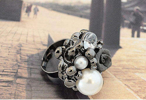 HOT!! Fashion Silver Immitation Pearl Lace Roses Adjustable Ring