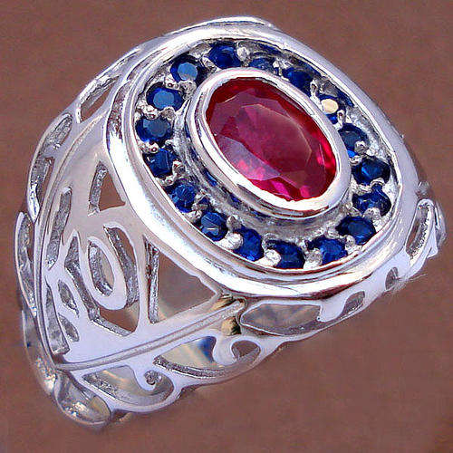 FILIGREE RUBY BLUE SAPPHIRE 925 STERLING SILVER RING SIZE 8