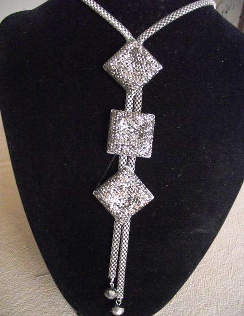 Lovely Long Grey/Silver Weave Chain & Faceted Crystals Beads Necklace