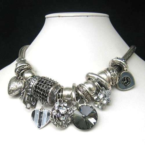 GORGEOUS SILVER CRYSTAL HEARTS & CHARMS NECKLACE