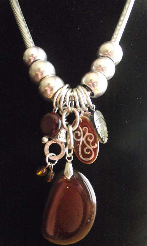 Gorgeous  Silvertone,Faux Stone Charms & Crystal  Chain  Necklace