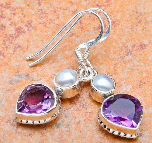 *WOW* FACETED AMETHYST, PEARL SOLID .925 SILVER EARRINGS 4.5cm
