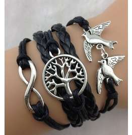 Infinity Black Leather Tree of life Birds Bracelet
