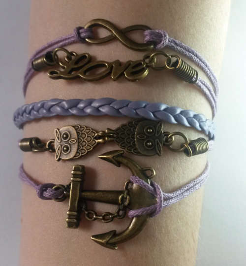 Infinity Purple Leather Owls Love Anchor Bracelet