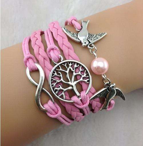 Infinity Pink Tree of life Birds Bracelet