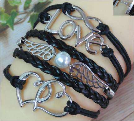 Infinity Black Leather Love Wings Bracelet