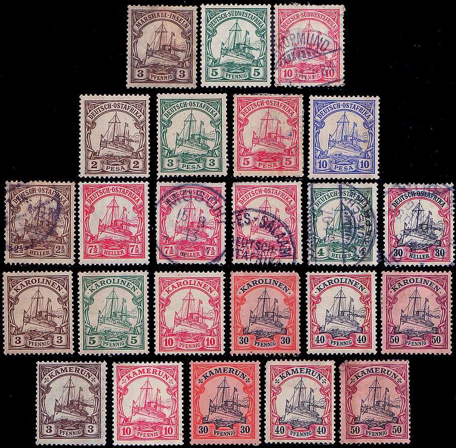 GERMAN COLONIES - 5 Countries depicting  The Kaiser's Ship "Hohenzollern" 1900- 19061