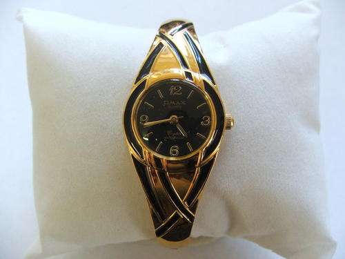 Swiss Designed OMAX Gold and Black with Black Dial Bangle Watch
