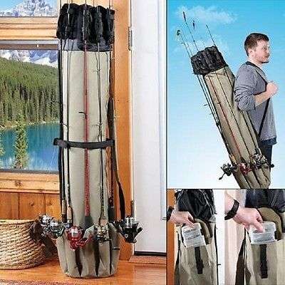 Fishing 5 Rod Pole Equipment Case Organizer Tackle Box Canvas 49x8.5 NIP