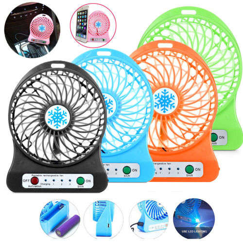Portable Rechargeable LED Light Fan Air Cooler Mini Desk USB Fan 18650 Battery
