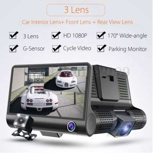 4'' HD 1080P 3 Lens Car DVR Dash Cam Vehicle Video Recorder Rearview Camera