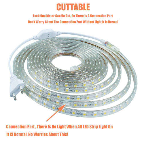 10M Waterproof SMD 5050 LED Strip 220V 60LEDS/M Flexible Tape Rope Light